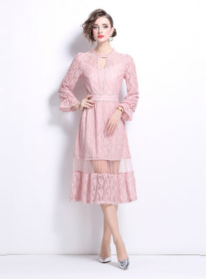 Pink Long-sleeved Stitching Lace Dress