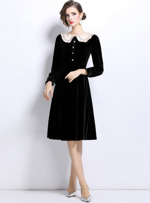 Retro Slim Waist Velvet Long Sleeve Dress