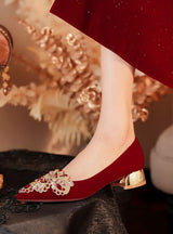 Short Heel Pointed Rhinestone Suede Red Wedding Shoes