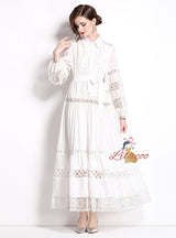 Fashion Lapel Stitching Lace Lantern Sleeve Dress