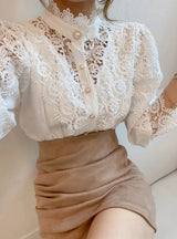 Loose Button Lace Hollow Long Sleeve Shirt