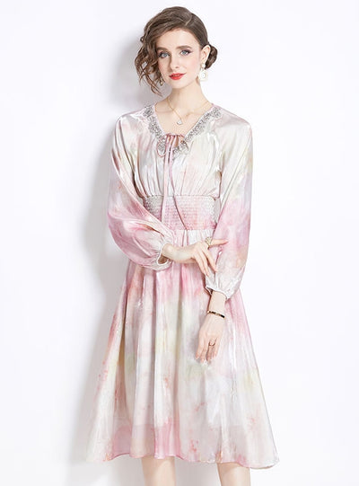 Halo-dyed Lantern Sleeve V-neck Dress