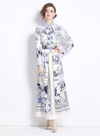 Retro Printed Lapel Long Sleeve Dress