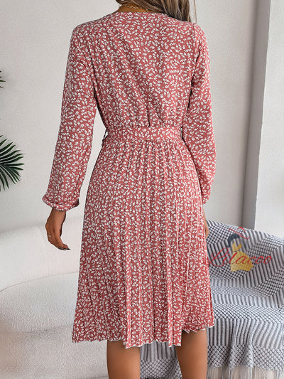 Casual Long-sleeved Floral Pleated Dress