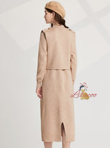 Semi-high Neck Knitted Vest+Long Sleeve Dress Two-piece Suit