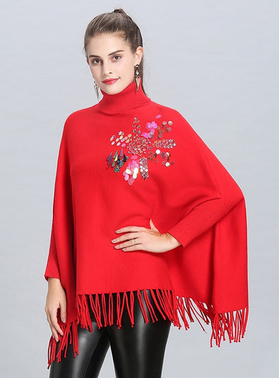 Sequins High Collar Fringed Bat Shirt Cloak Coat