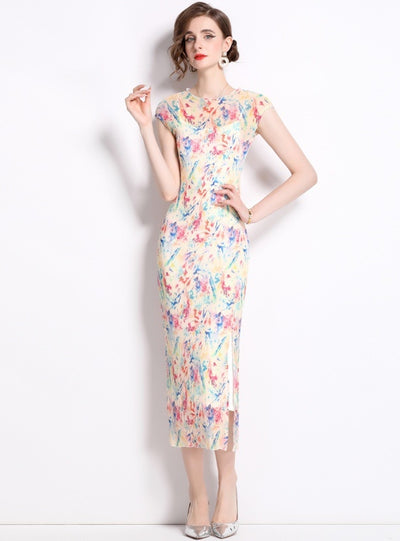 Printed Slim Split Long Short Sleeve Dress