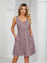 Solid Color Button Pocket Round Neck Dress