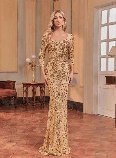 Gold Mermaid Sequins Short Sleeve Prom Dress