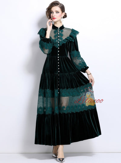 Lace Ruffled Pearl Buckle Velvet Big Swing Dress