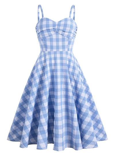 Retro Blue and White Suspender Slim Dress