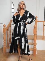 Printed Lotus Leaf Collar Long Sleeve Dress