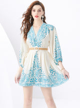 Palace Lantern Sleeve Printed Short Mini Dress