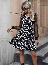 Letter Print V-neck Long Sleeve Dress