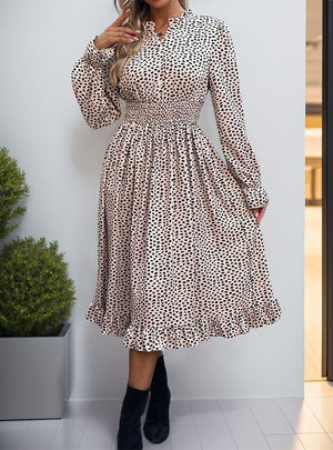 Pleats Long-sleeved Leopard Print Dress