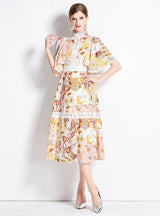 Lotus Leaf Sleeve Slim Waist Print Dress