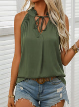 Sleeveless Lace-up V-neck Solid Color Shirt