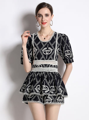 Retro Embroidered Top+Shorts Two-piece Suit