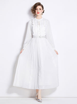 Bow Pleated Bubble Sleeve High Waist Dress