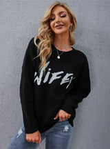 Casual Black Round Neck Letter Sweater