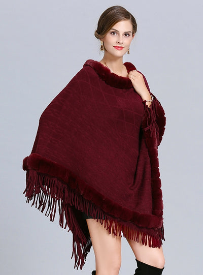 Wool Neck Jacquard Pullover Fringed Cloak Shawl