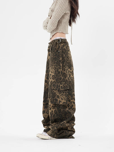 Leopard Print Pocket Straight Loose Jeans