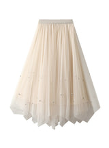 High Waist Slim Irregular Pleated Beaded Gauze Skirt