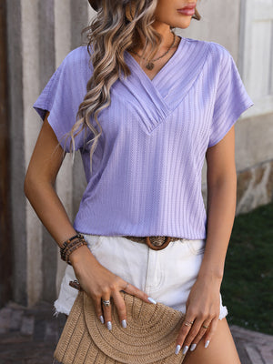 V-neck Jacquard Top Short Sleeve T-shirt