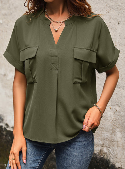 Short-sleeved V-neck Pocket Shirt