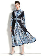 Long Sleeve Lapel Printed Long Dress