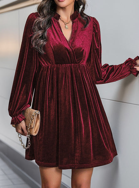 Long Sleeve V-neck Velvet Dress