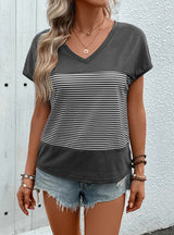 V-neck Striped Stitching Top T-Shirt