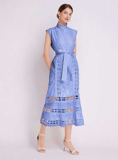 Palace Openwork Lace Stand-up Collar Slim Dress