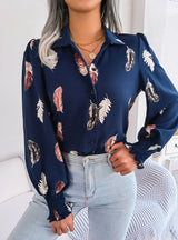 Women Print Lantern Sleeve Lapel Shirt