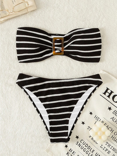 Fashion Threaded Fabric Striped Swimsuit