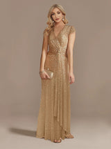 Sexy V-neck Sequins Cap Sleeve Prom Dress