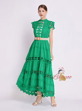 Solid Color Long Stand-up Collar Sleeveless Openwork Dress