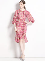 Fishtail Floral Lantern Sleeve Slim Dress