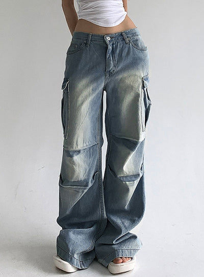 Pleated Low Waist Pocket Straight Jeans