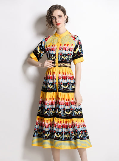 Round Neck Short Sleeve Single-breasted Printed Dress