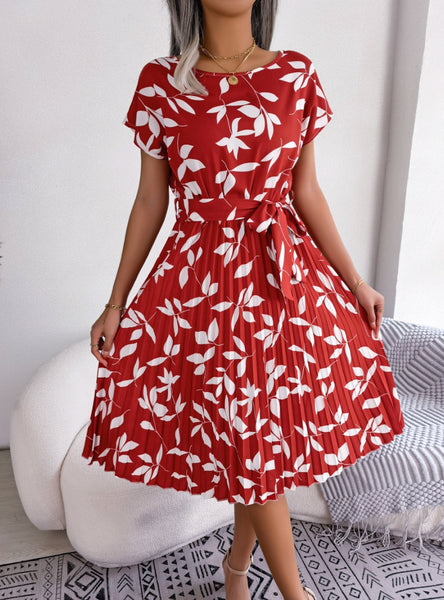 Casual Leaf Short Sleeve Pleated Dress