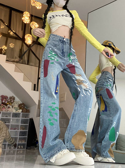 Retro Painted Hole High Waist Loose Jeans