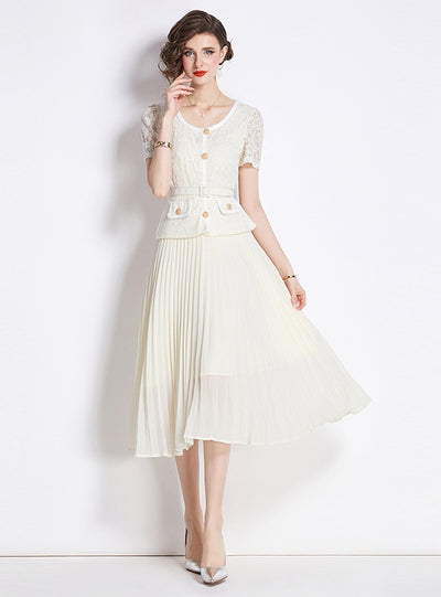 Slim-fit Lace Pleated Short Sleeve Dress