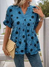 Loose Bat Sleeve V-neck Polka-dot Shirt