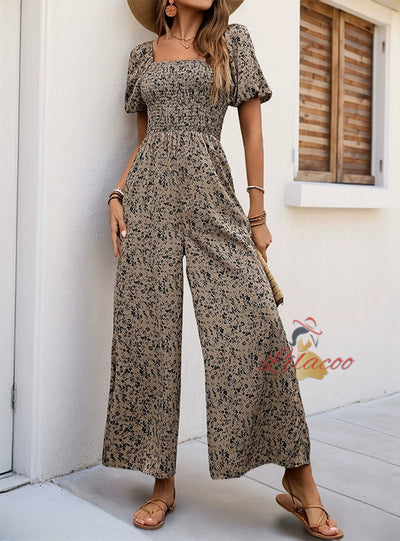 Square Collar Puff Sleeve Wide-leg Printed Jumpsuit