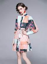 Retro Color Matching Printed Long-sleeved Dress