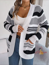 Contrast Striped Pocket Long Sleeve Sweater Coat