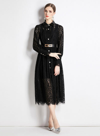 Hollow Lace Long Sleeve Black Dress