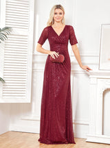 Burgundy Sequins V-neck Short Sleeve Prom Dress