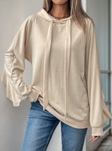 Drawstring Hooded Ruffled Pocket Solid Color Top